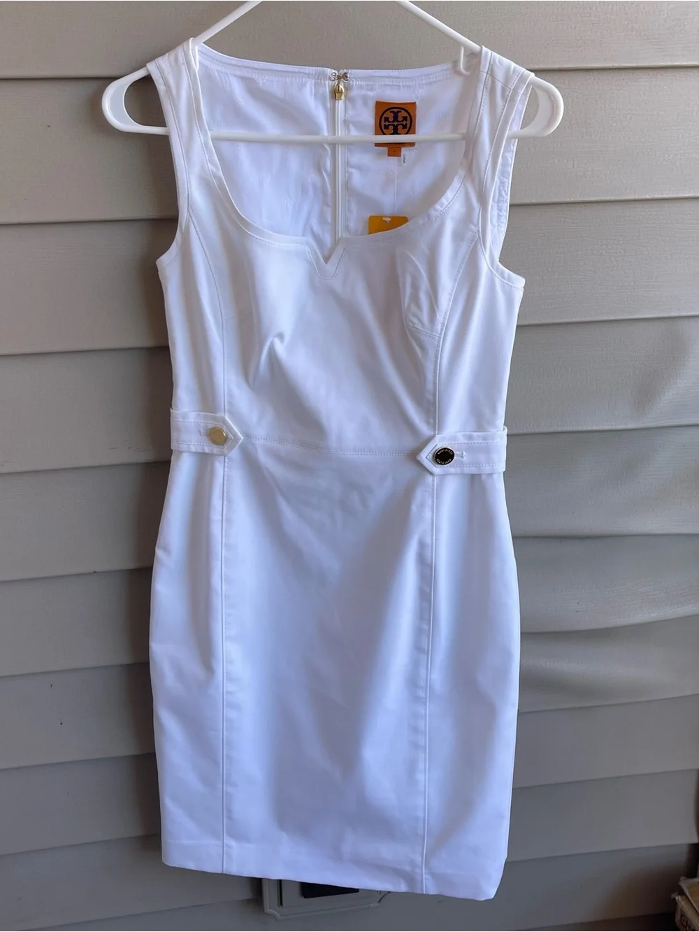 TORY BURCH Dress White‎ Gold Buttons Pinup Fitted Shift Size 2 Bride Wedding